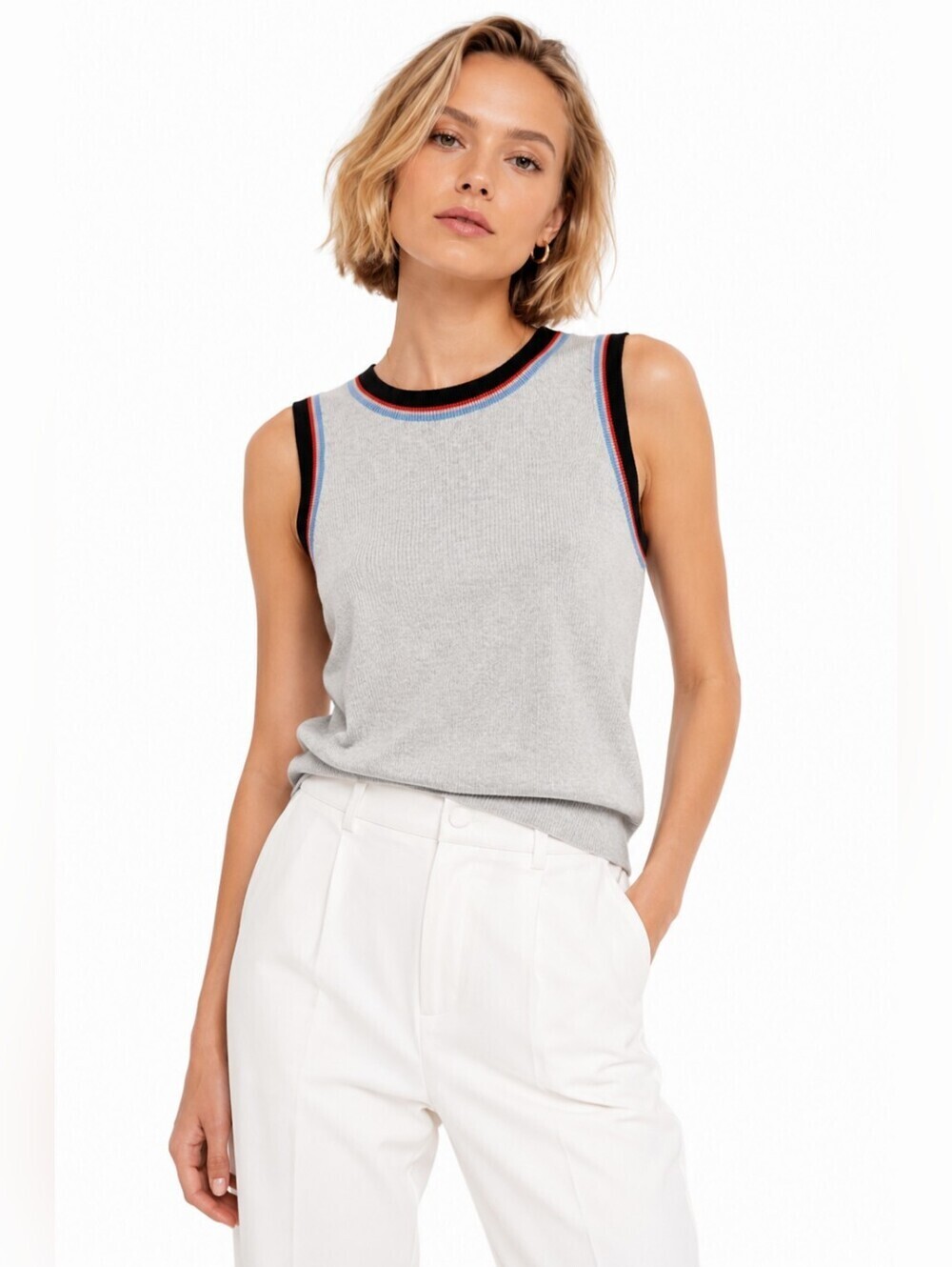 Revolve One Grey Day Gray Sleeveless Sweater Silk Cashmere Multicolor Trim Small